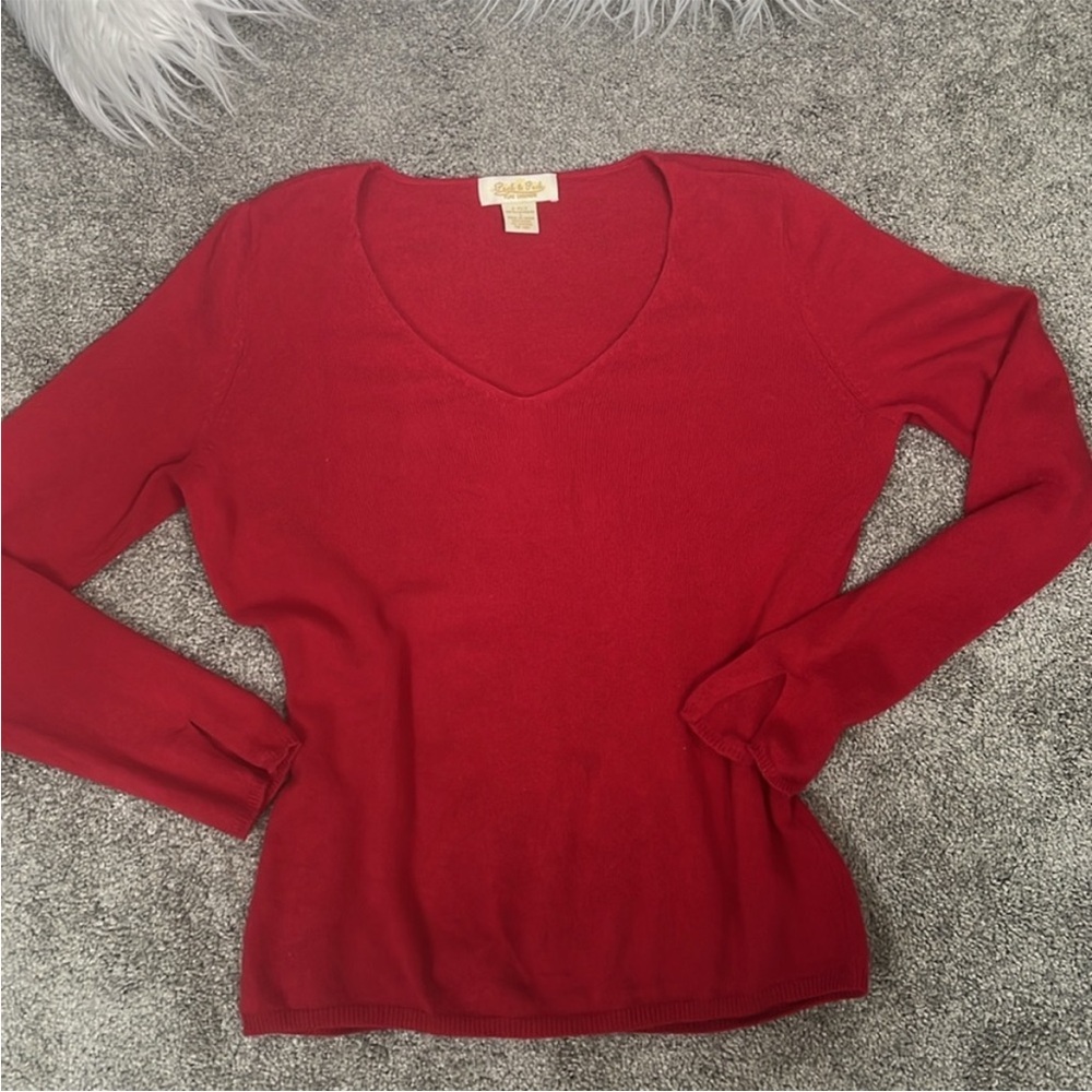 Red Cashmere Sweater Peck & Peck V-Neck 2-Ply Size Large